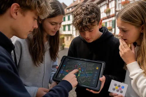 Vier Jugendliche beraten sich über der Karte auf dem Tablet beim Outdoor-Exitgame in Oberkirch