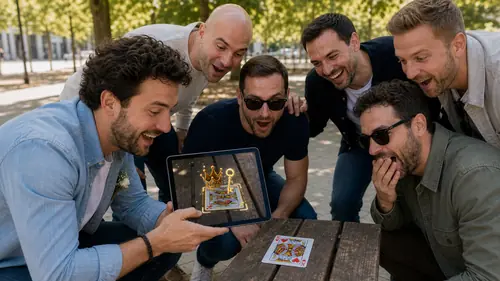 Sechs Männer beugen sich beim JGA-Exitgame Bachelor Royal in Oberkirch über ein Tablet, auf dem eine Spielkarte mit Krone erscheint
