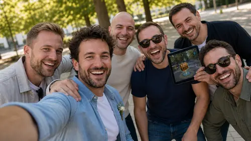 Sechs Männer machen beim JGA-Exitgame Bachelor Royal in Oberkirch ein Selfie, einer hält das Tablet mit der eingeblendeten Schatztruhe