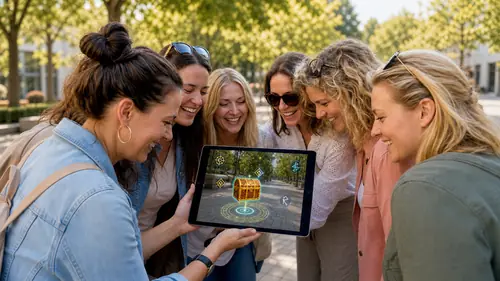 Sechs Frauen schauen beim JGA-Exitgame Bachelorette Royale in Oberkirch gemeinsam auf ein Tablet, auf dem eine Schatztruhe eingeblendet ist