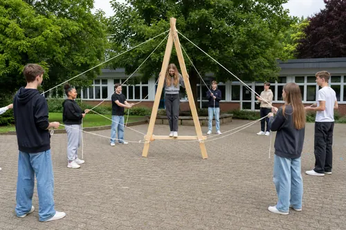 Schülerin balanciert beim Teamtraining auf einer Leiter, die von der Klasse mit Seilen im Gleichgewicht gehalten wird