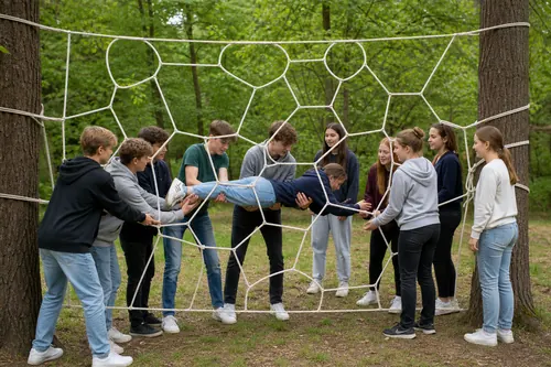 Schulklasse hebt beim Teamtraining eine Mitschülerin vorsichtig durch eine Öffnung im Spinnennetz aus Seilen