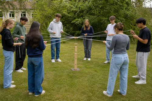 Schulklasse steuert beim Teamtraining einen Turm aus Holzklötzen gemeinsam über acht gespannte Seile