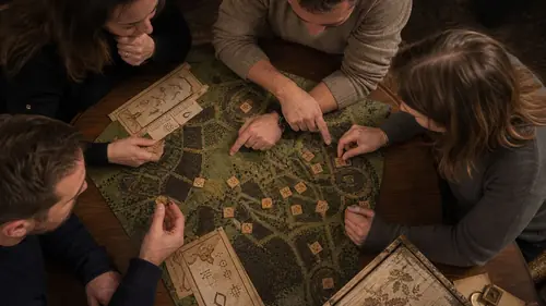 Draufsicht auf den Spieltisch der Winzer Rune in Oberkirch: alte Landkarte mit Runenplättchen, vier Personen legen Hinweise zusammen