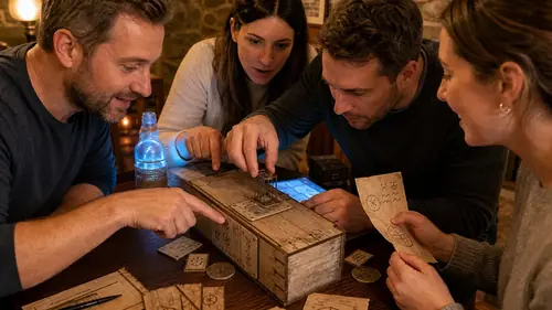 Vier Personen öffnen beim Indoor-Exitgame „Die Winzer Rune“ in Oberkirch eine Holzkiste mit Runenplättchen und einer leuchtenden Flasche
